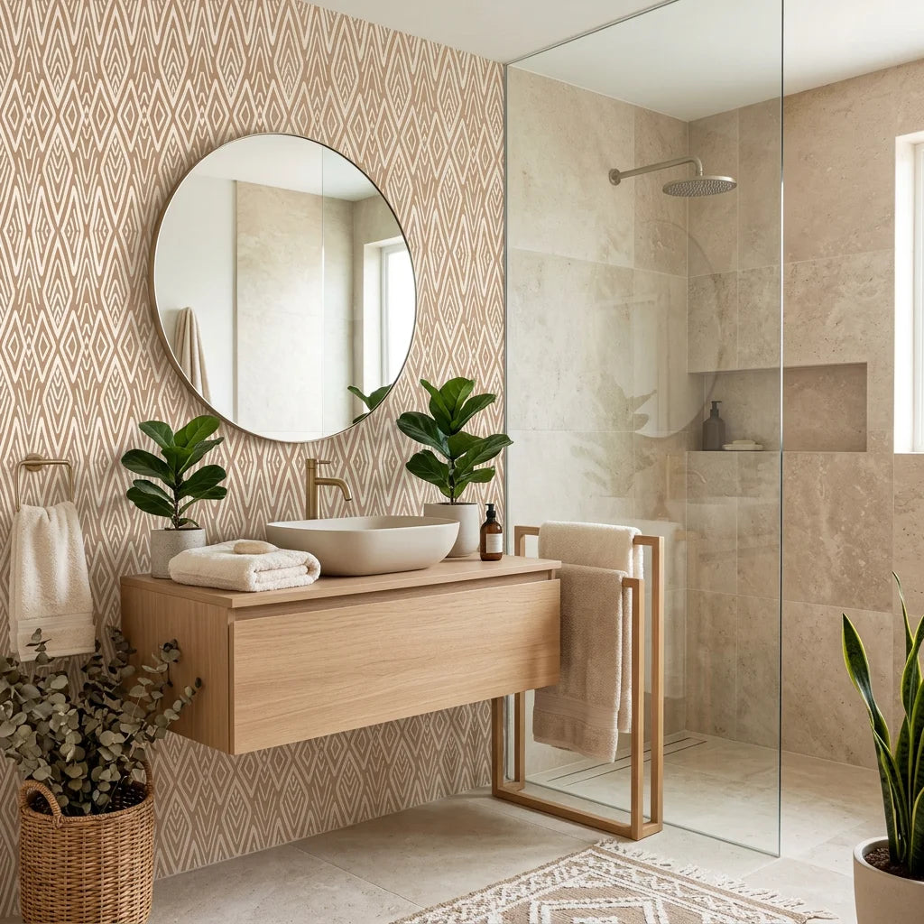 Aztec Quilt geometric tribal wallpaper creating ambiance in a serene bathroom