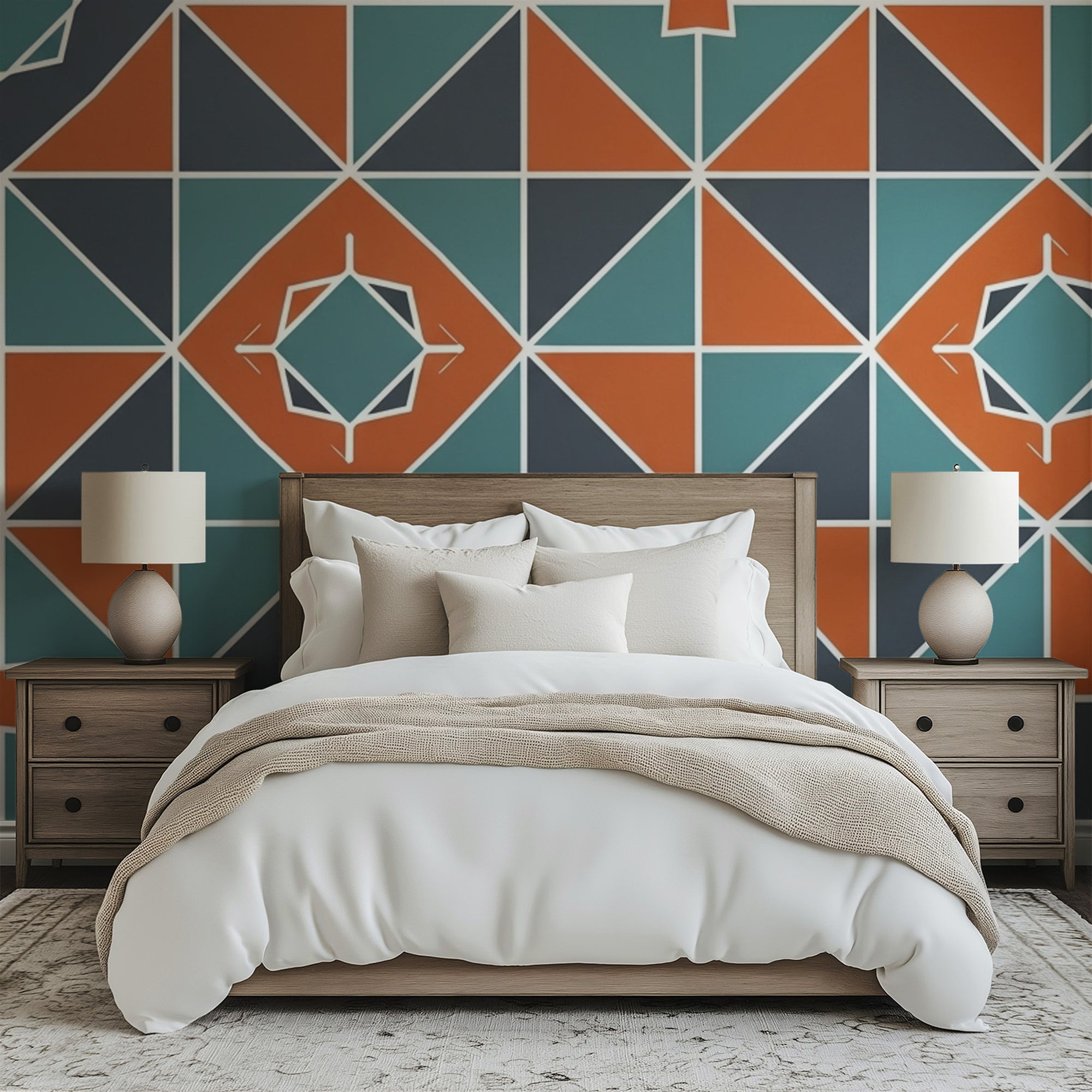 Dynamic geometric triangle pattern in vibrant colors for an energetic wall feature.