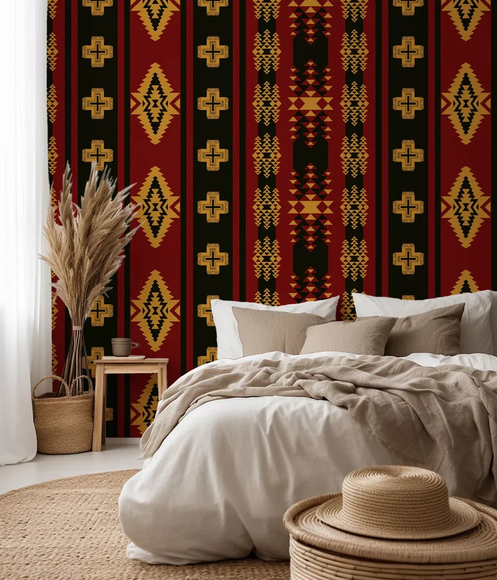 Self-adhesive wall covering featuring a red and black Southwestern geometric tribal pattern, titled "Aztec Echoes."