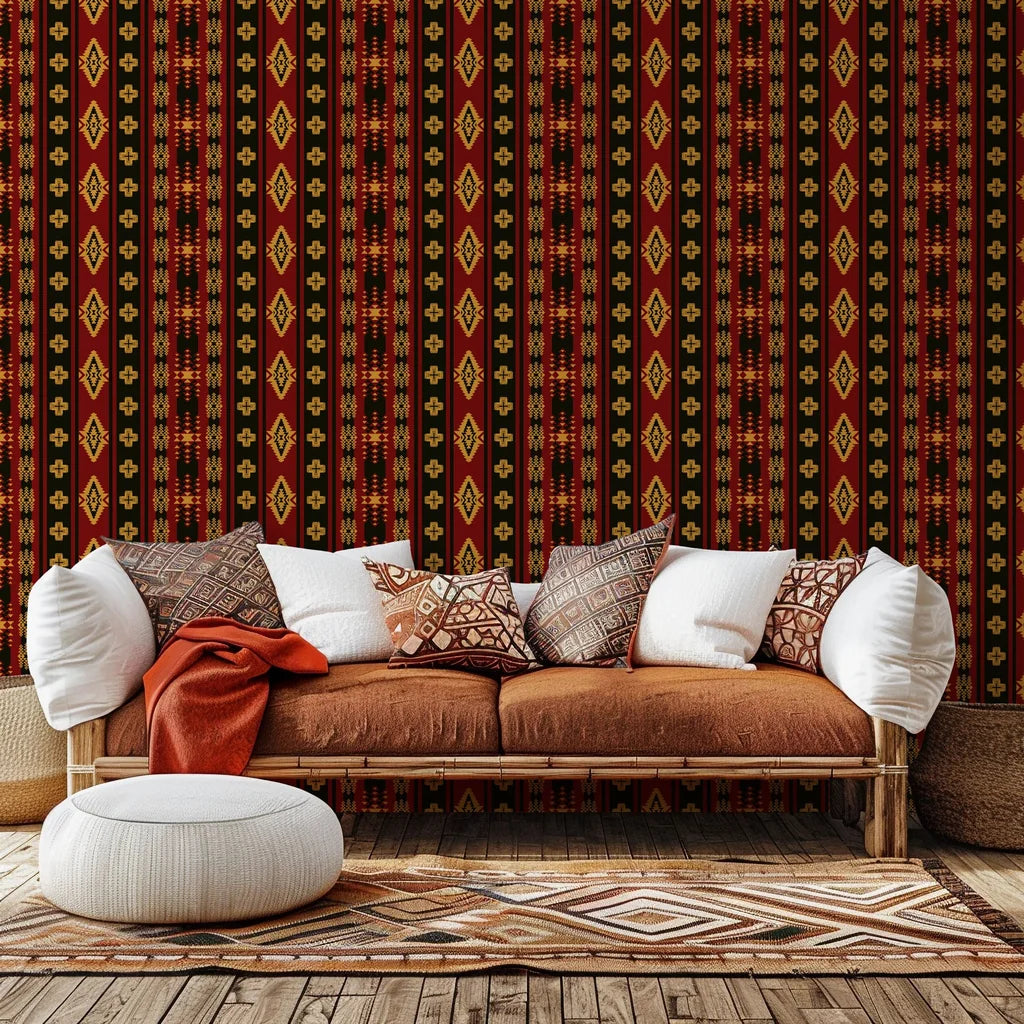 Geometric tribal pattern wallpaper in black and red, self-adhesive, called Aztec Echoes