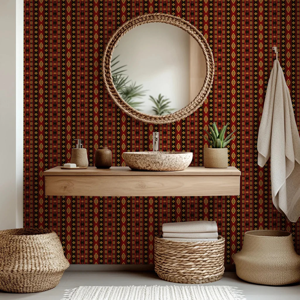 Self-adhesive wallpaper featuring a red and black geometric Southwest tribal pattern, known as Aztec Echoes
