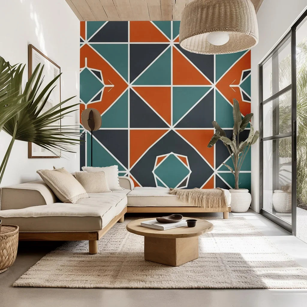 A lively, triangular geometric motif rendered in intense, striking colors