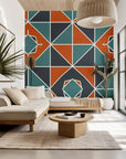 A lively, triangular geometric motif rendered in intense, striking colors
