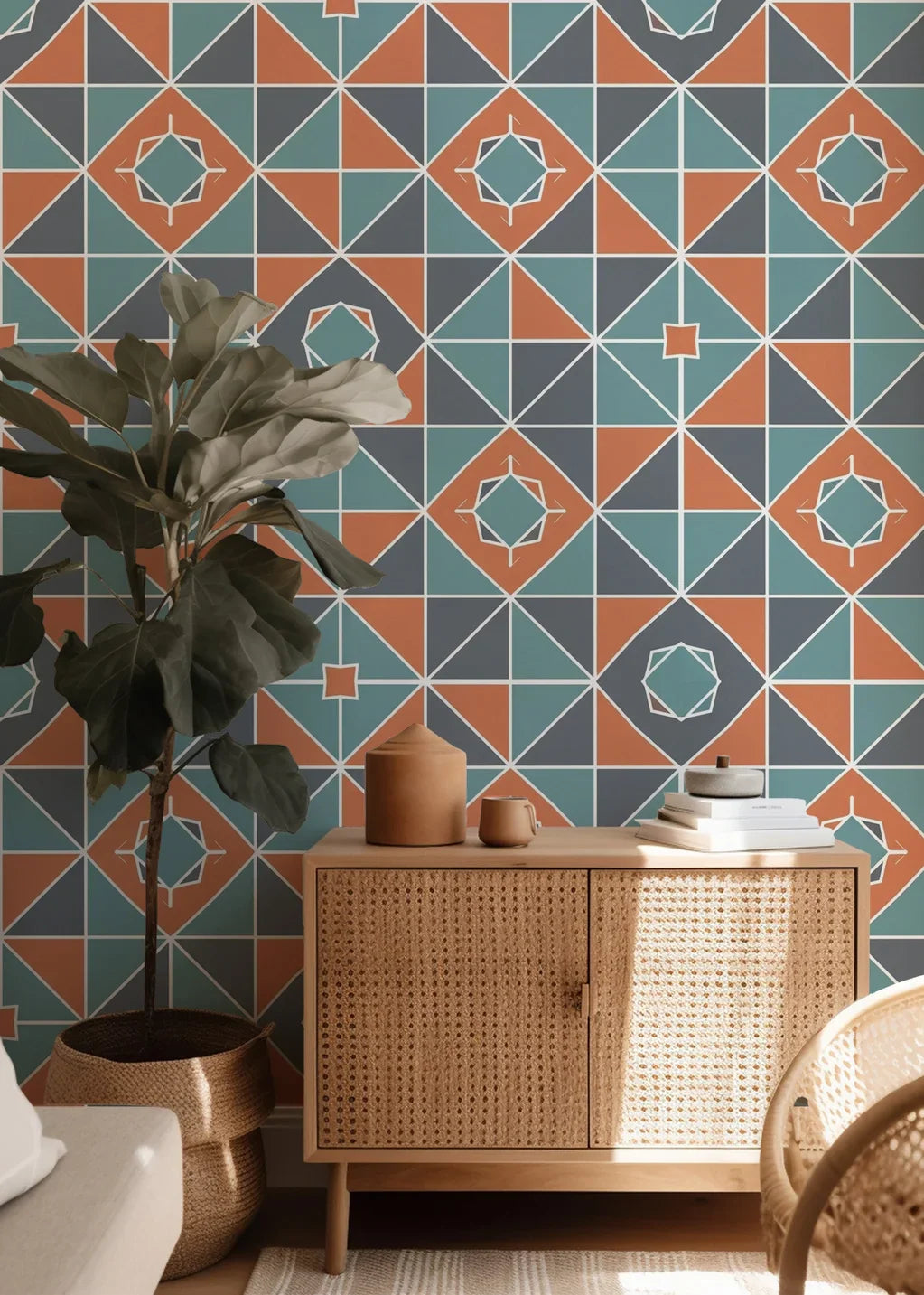 Vividly colored triangular geometric pattern serving as a striking, dynamic wall accent