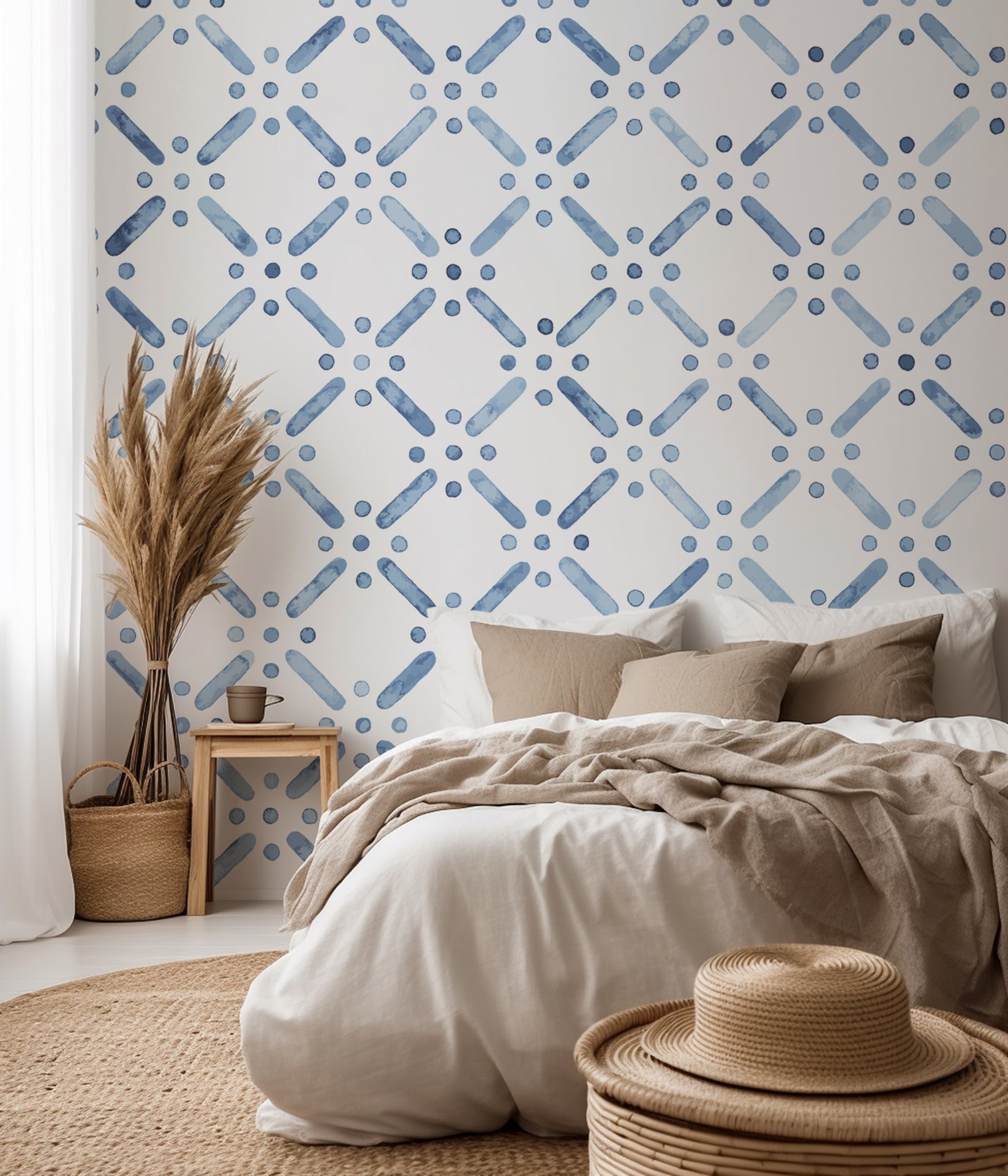 Minimalist blue dotted lattice on white for a crisp and refreshing coastal vibe.