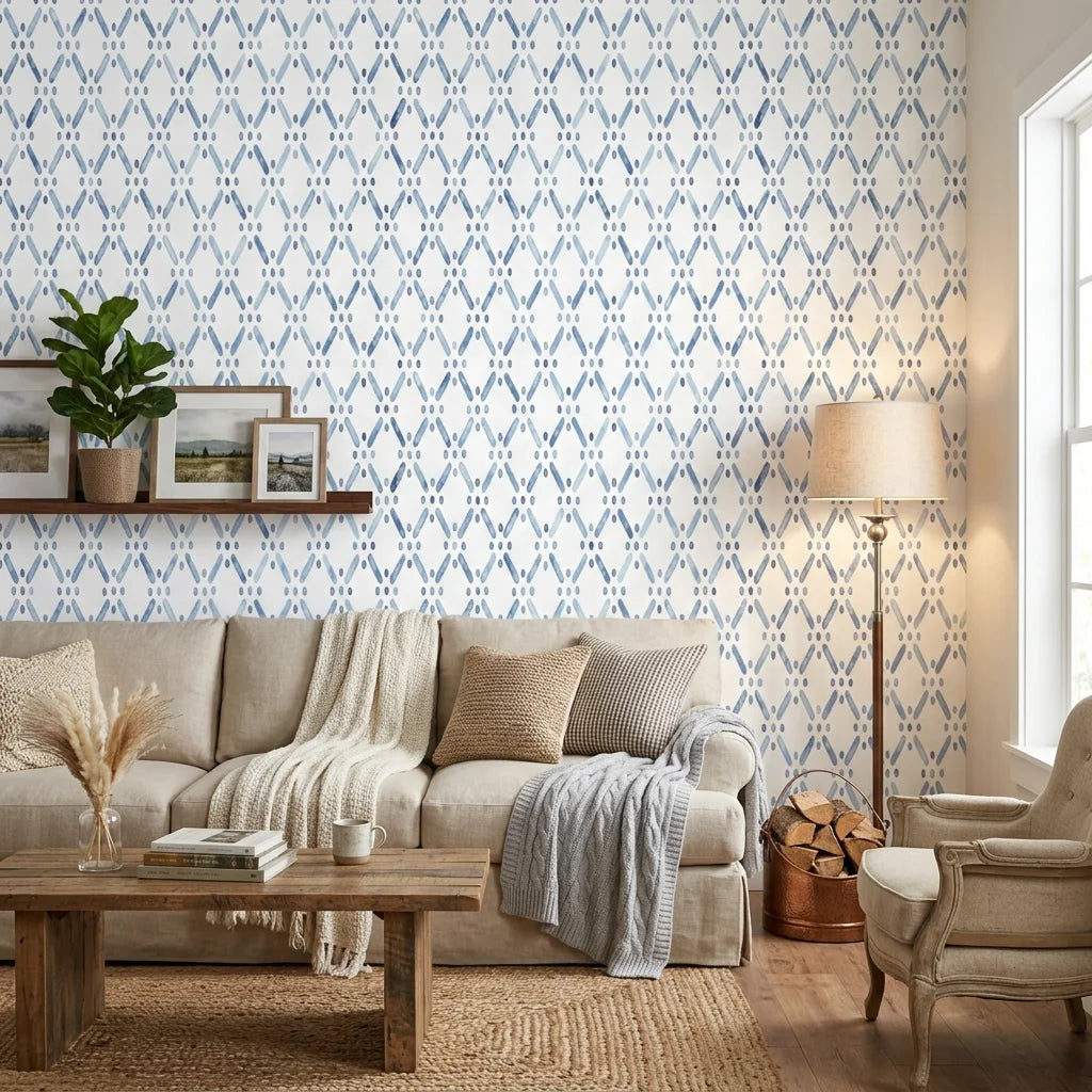 Azul Lattice dotted blue wallpaper in a warm and inviting living room