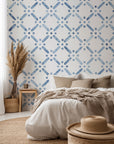 Minimalist blue dotted lattice on white for a crisp and refreshing coastal vibe.