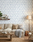 Azul Lattice dotted blue wallpaper in a warm and inviting living room