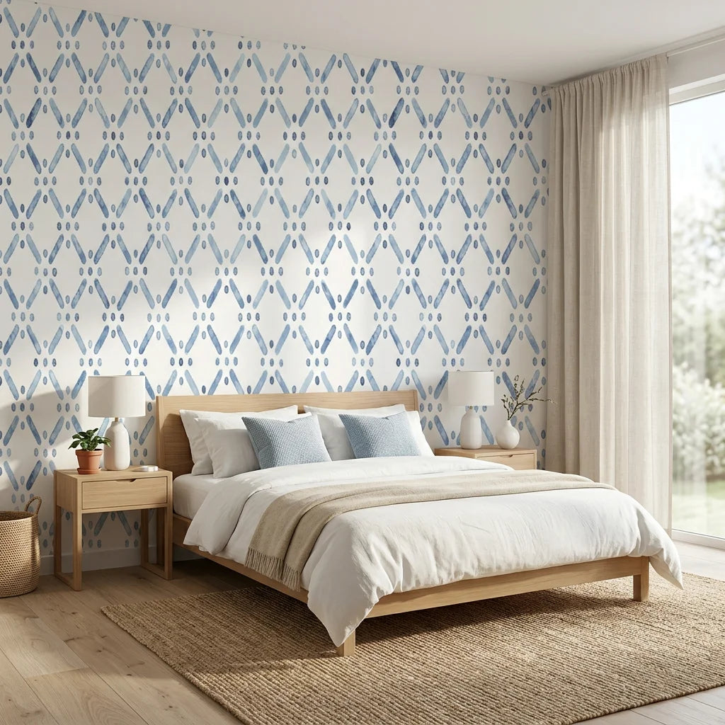 Azul Lattice dotted blue wallpaper adding character to a cozy bedroom