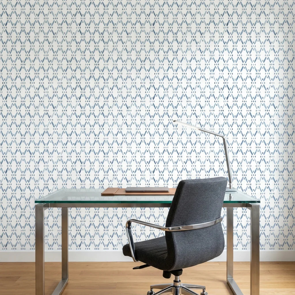 Azul Lattice dotted blue wallpaper as a feature wall in a bright home office