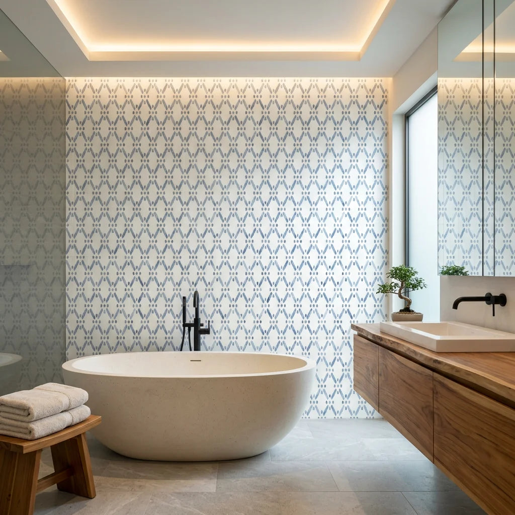 Azul Lattice dotted blue wallpaper creating ambiance in a serene bathroom