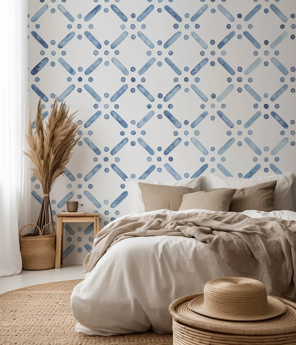 A clean white field featuring a minimalist dotted lattice in blue, evoking a refreshing coastal aesthetic