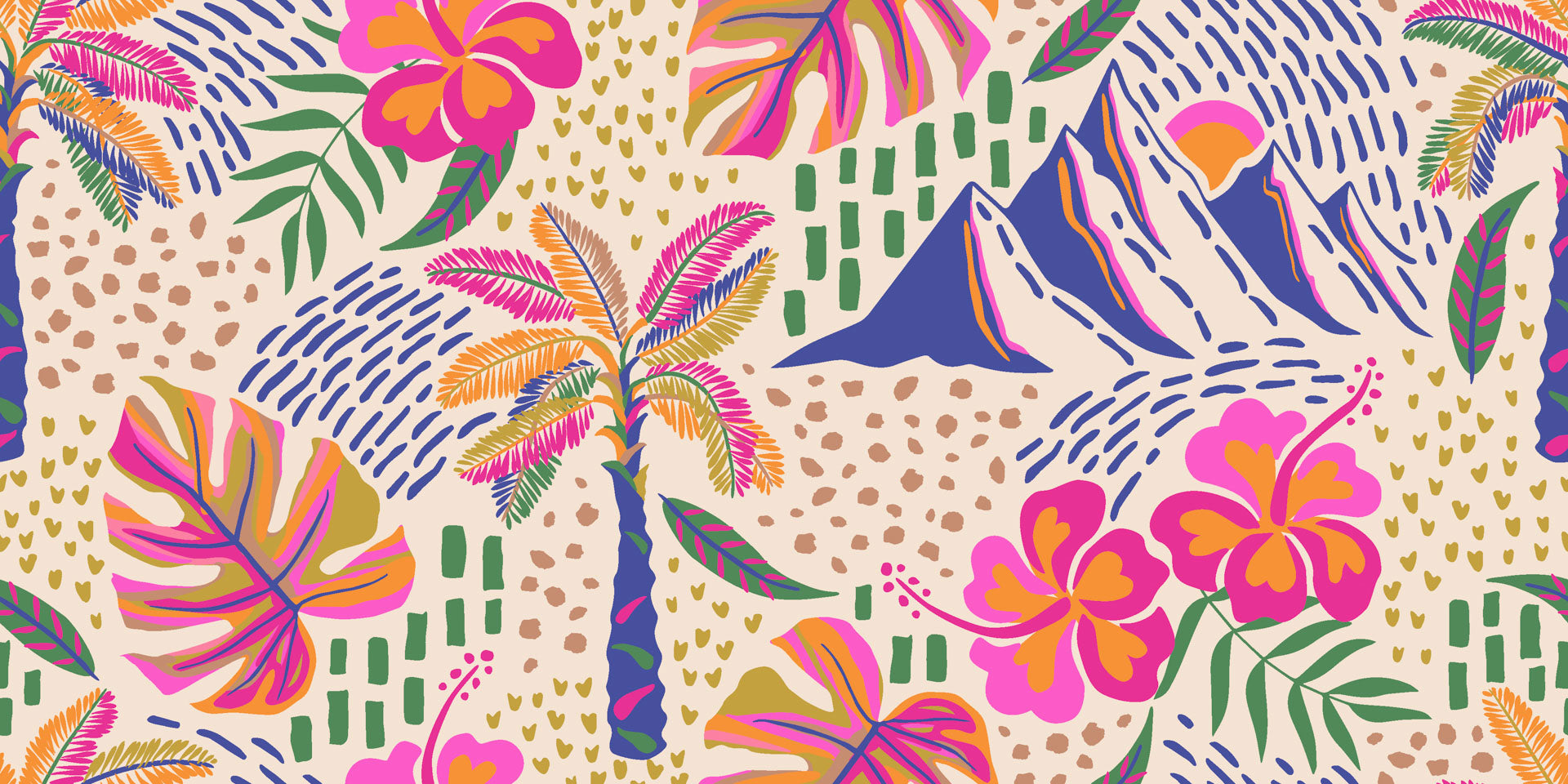 A vibrant wallpaper pattern featuring a tropical scene, including green palm fronds and bright pink hibiscus flowers