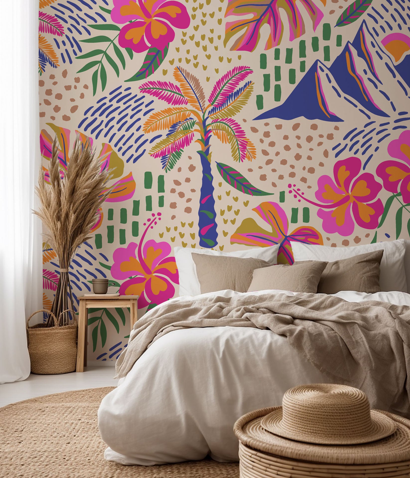 A vibrant Azure Aloha wallpaper design featuring pink hibiscus blooms and silhouettes of palm fronds