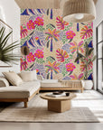 Wallpaper featuring a colorful tropical scene, accented by pink hibiscus blooms and verdant palm fronds