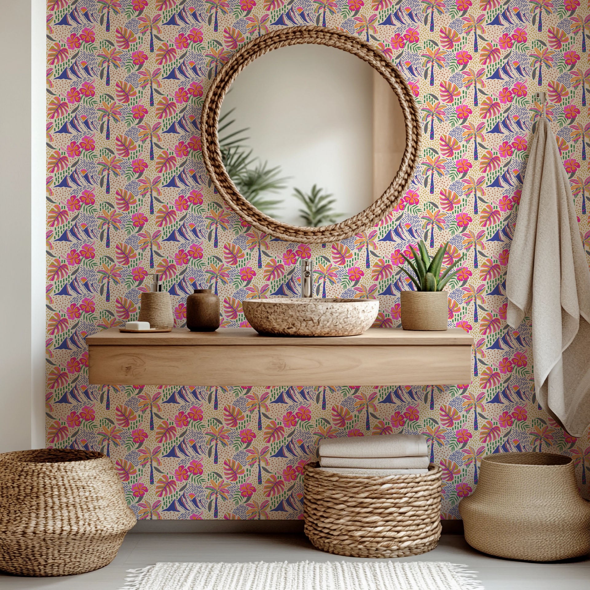 Vibrant tropical wall covering featuring palm trees and bright pink hibiscus flowers (Azure Aloha edition)