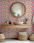 Vibrant tropical wall covering featuring palm trees and bright pink hibiscus flowers (Azure Aloha edition)