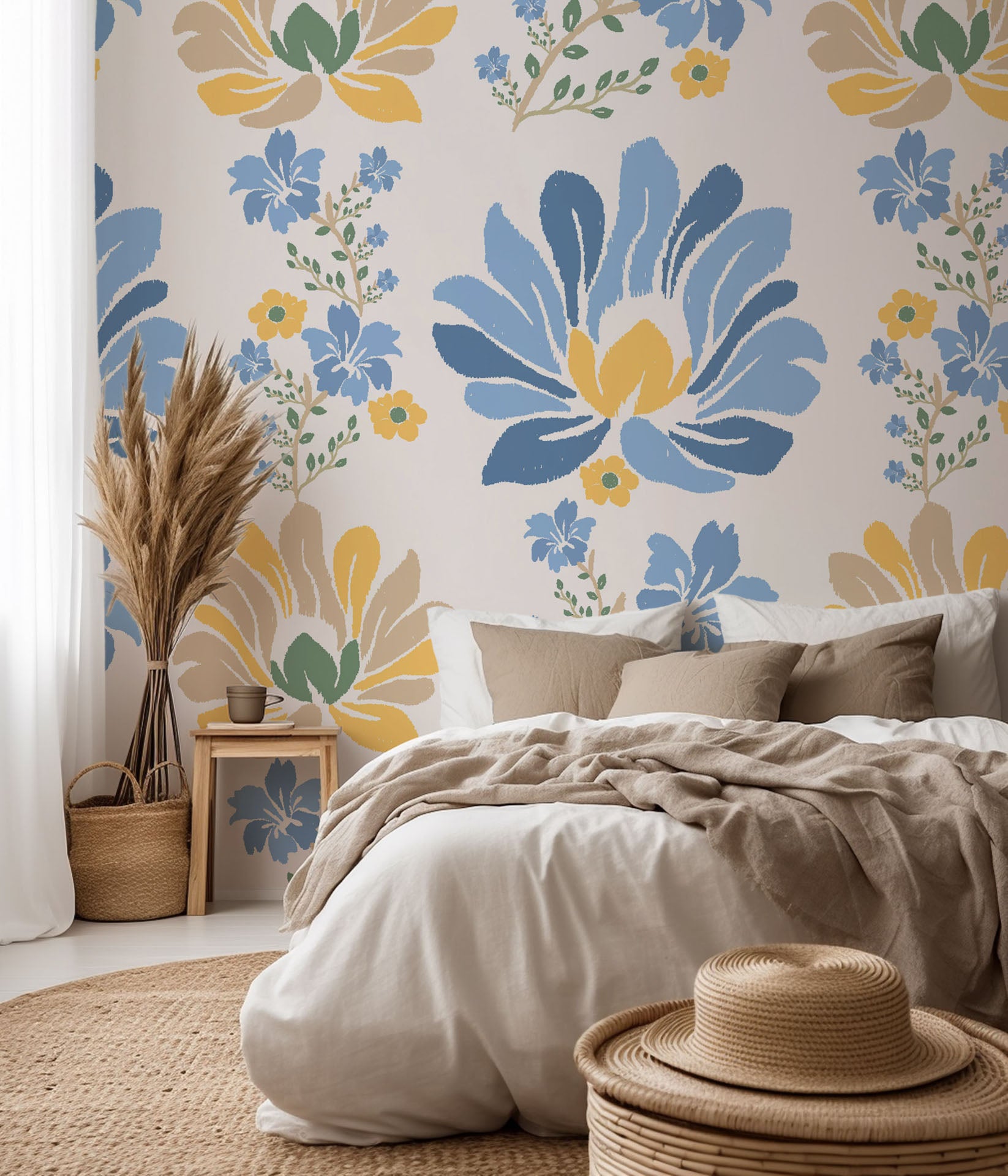 Self-adhesive, removable wallpaper featuring a folk art style pattern of yellow and blue flowers