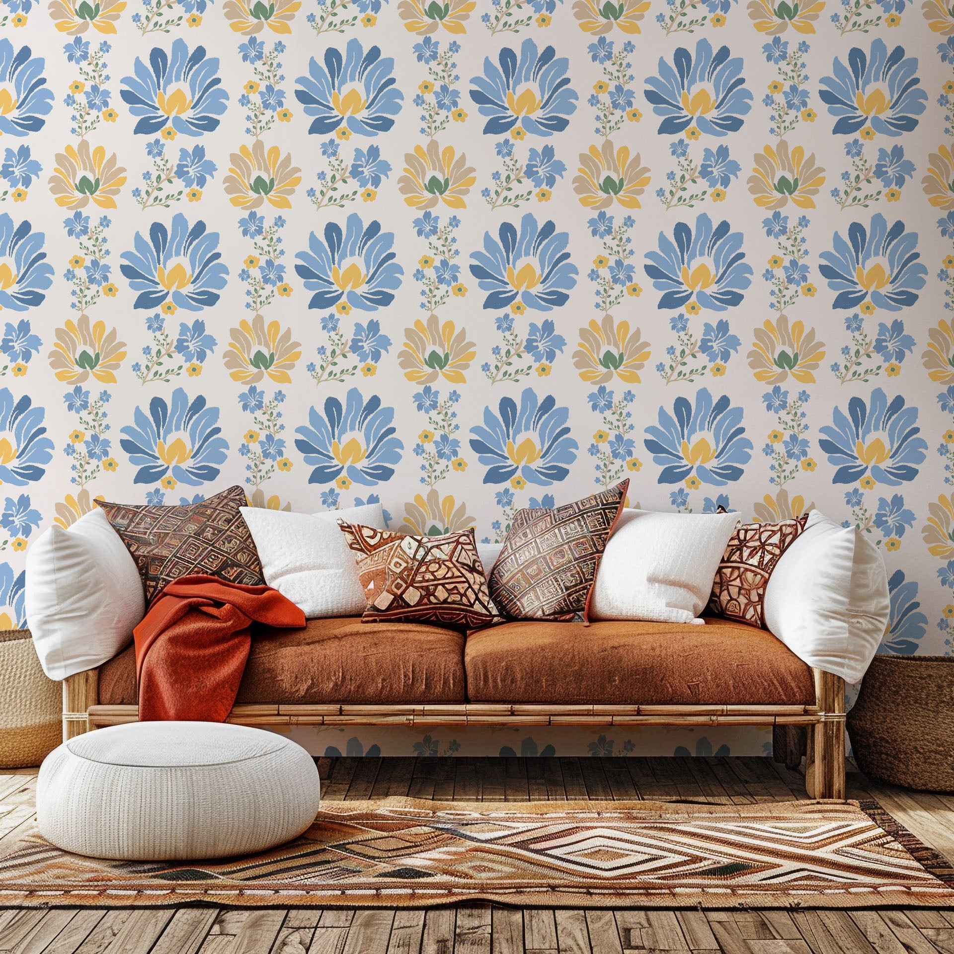 Self-adhesive, removable wall covering featuring a folk art pattern of yellow and blue flowers
