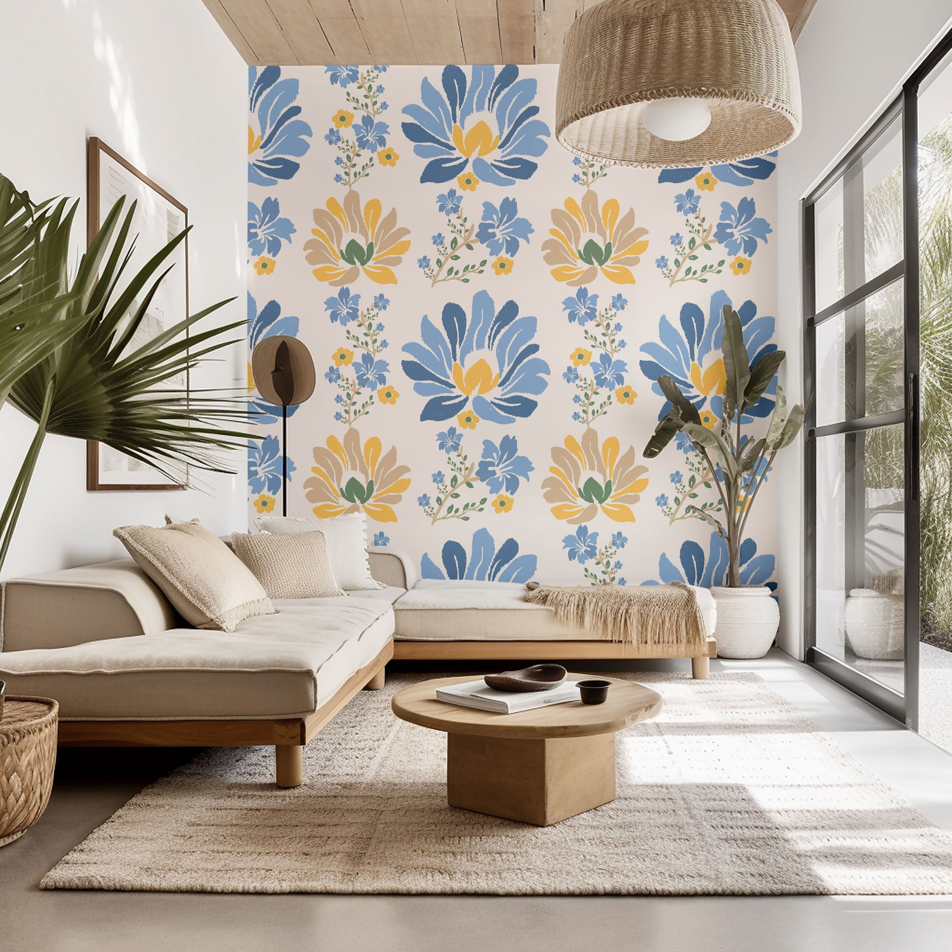 Self-adhesive, removable wall covering featuring a folk art pattern of blue and yellow flowers