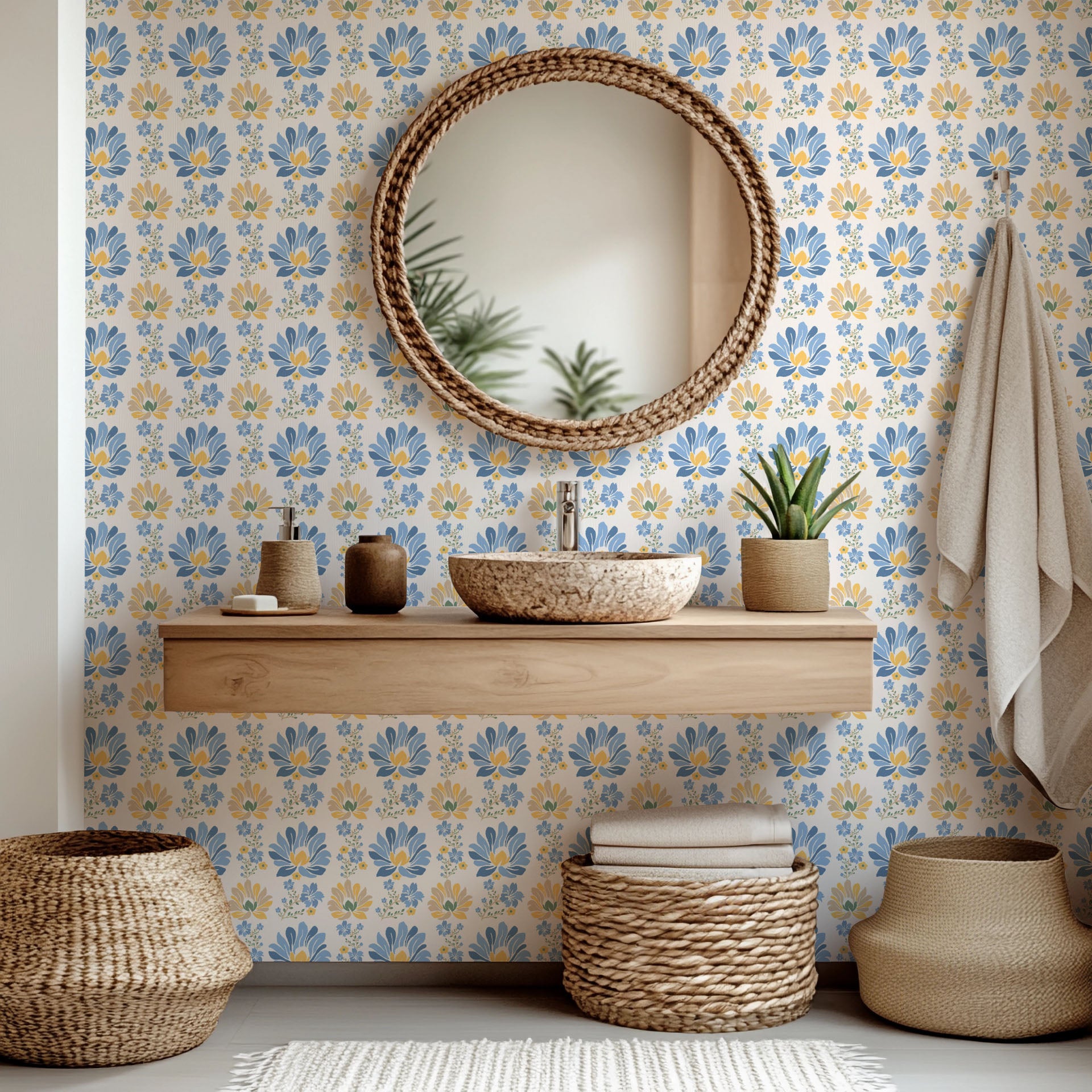 Self-adhesive wall covering featuring a folk art style pattern of yellow and blue flowers