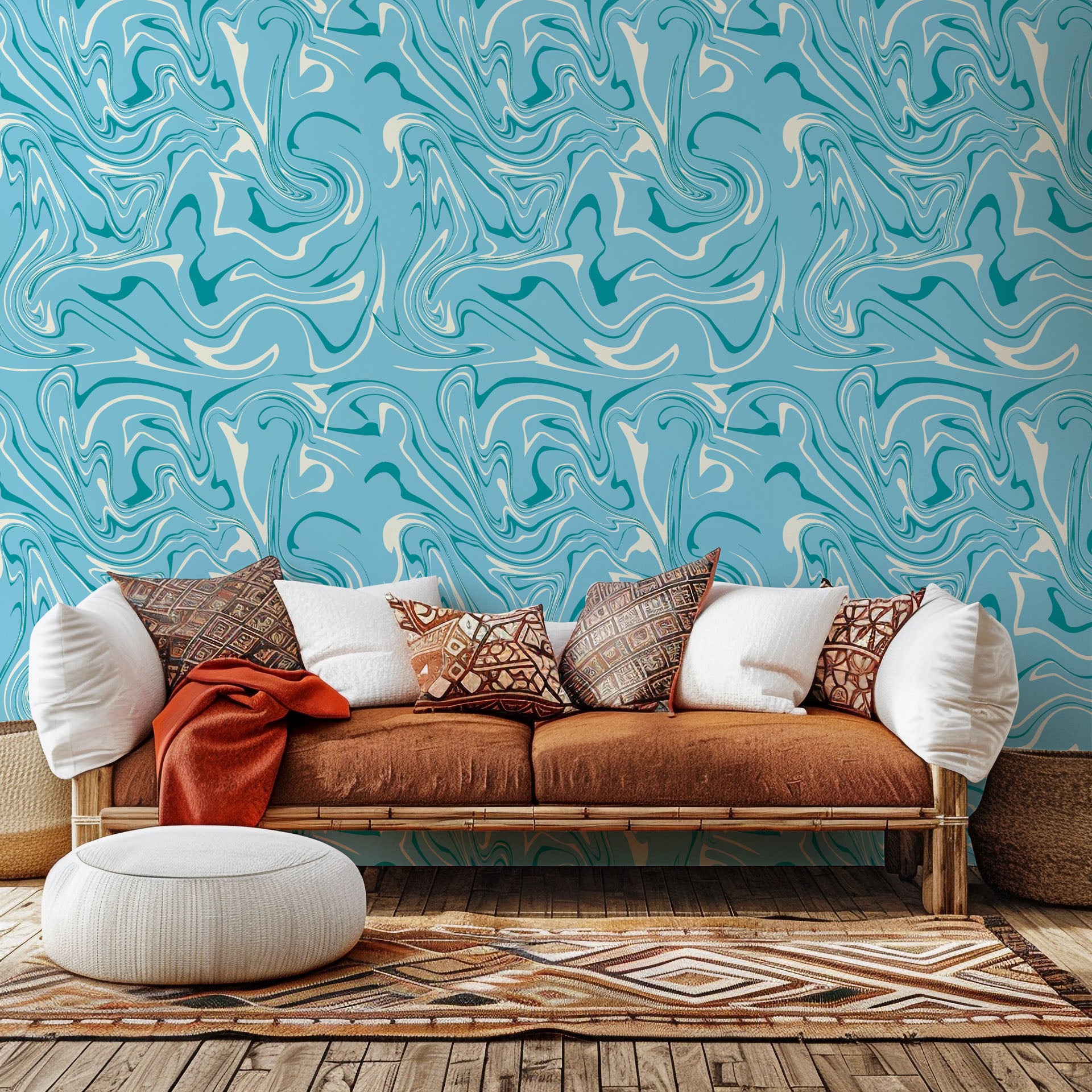 Self-adhesive wallcovering featuring a flowing blue and white abstract marble pattern, known as the Azure Dance design
