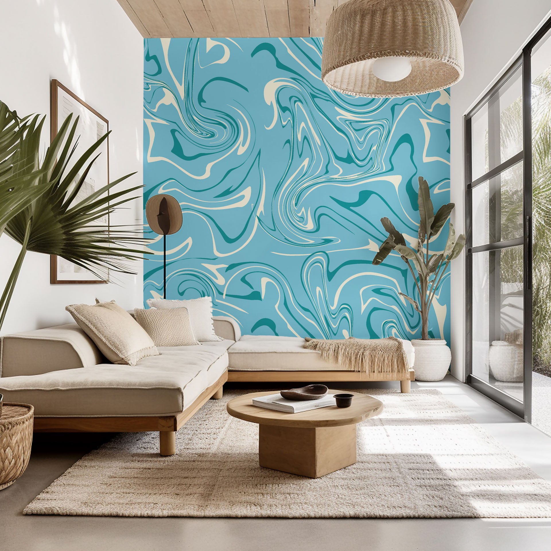 Removable wallpaper featuring a flowing blue and white abstract marble design (Azure Dance)