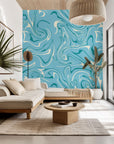 Removable wallpaper featuring a flowing blue and white abstract marble design (Azure Dance)