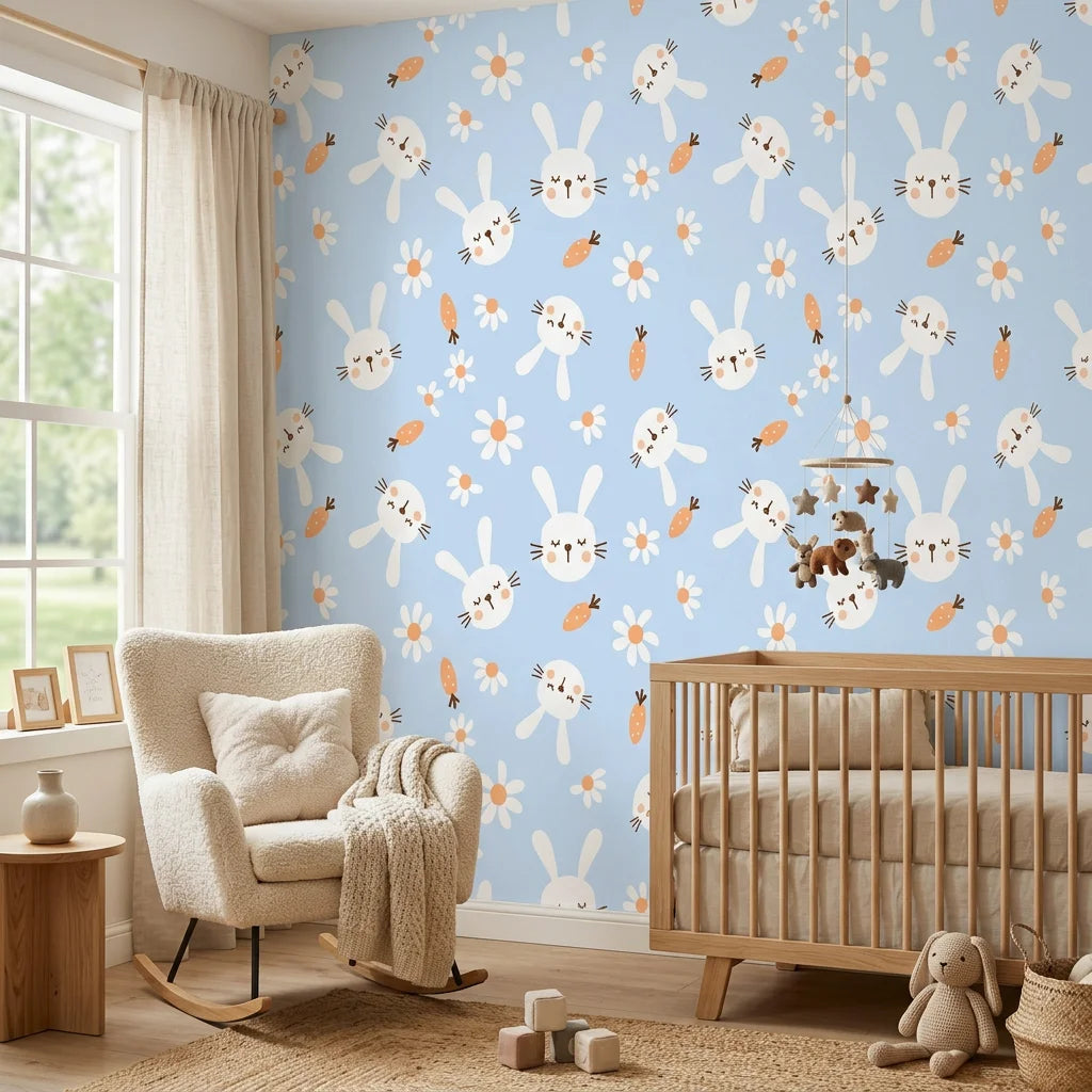 Azure Dreams bunny rabbit wallpaper in a warm and inviting living room