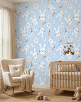 Azure Dreams bunny rabbit wallpaper in a warm and inviting living room