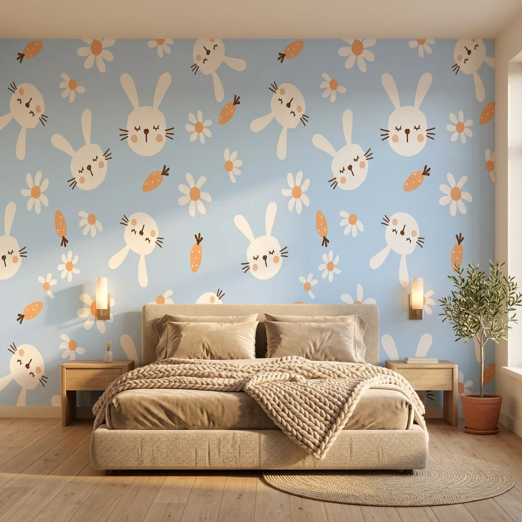 Azure Dreams bunny rabbit wallpaper adding character to a cozy bedroom
