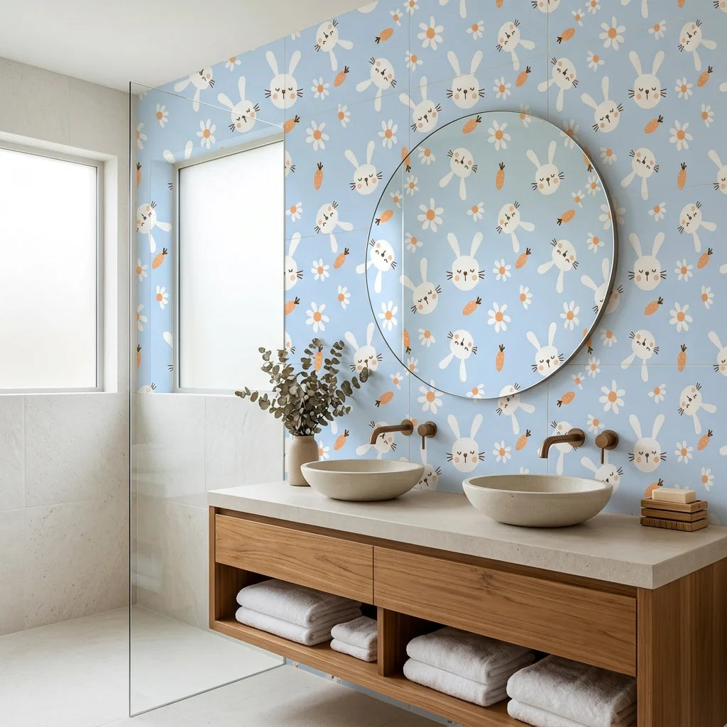 Azure Dreams bunny rabbit wallpaper as a feature wall in a bright home office