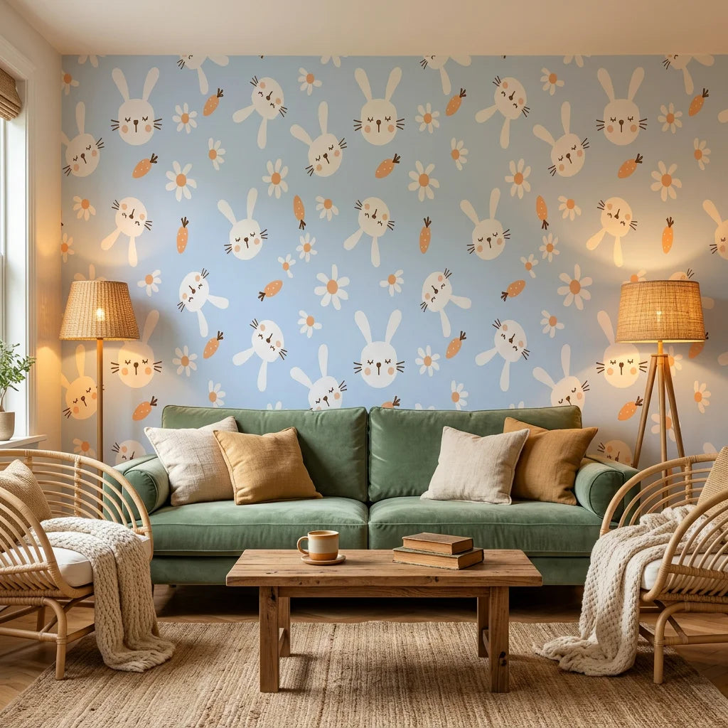 Azure Dreams bunny rabbit wallpaper creating ambiance in a serene bathroom