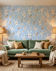 Azure Dreams bunny rabbit wallpaper creating ambiance in a serene bathroom