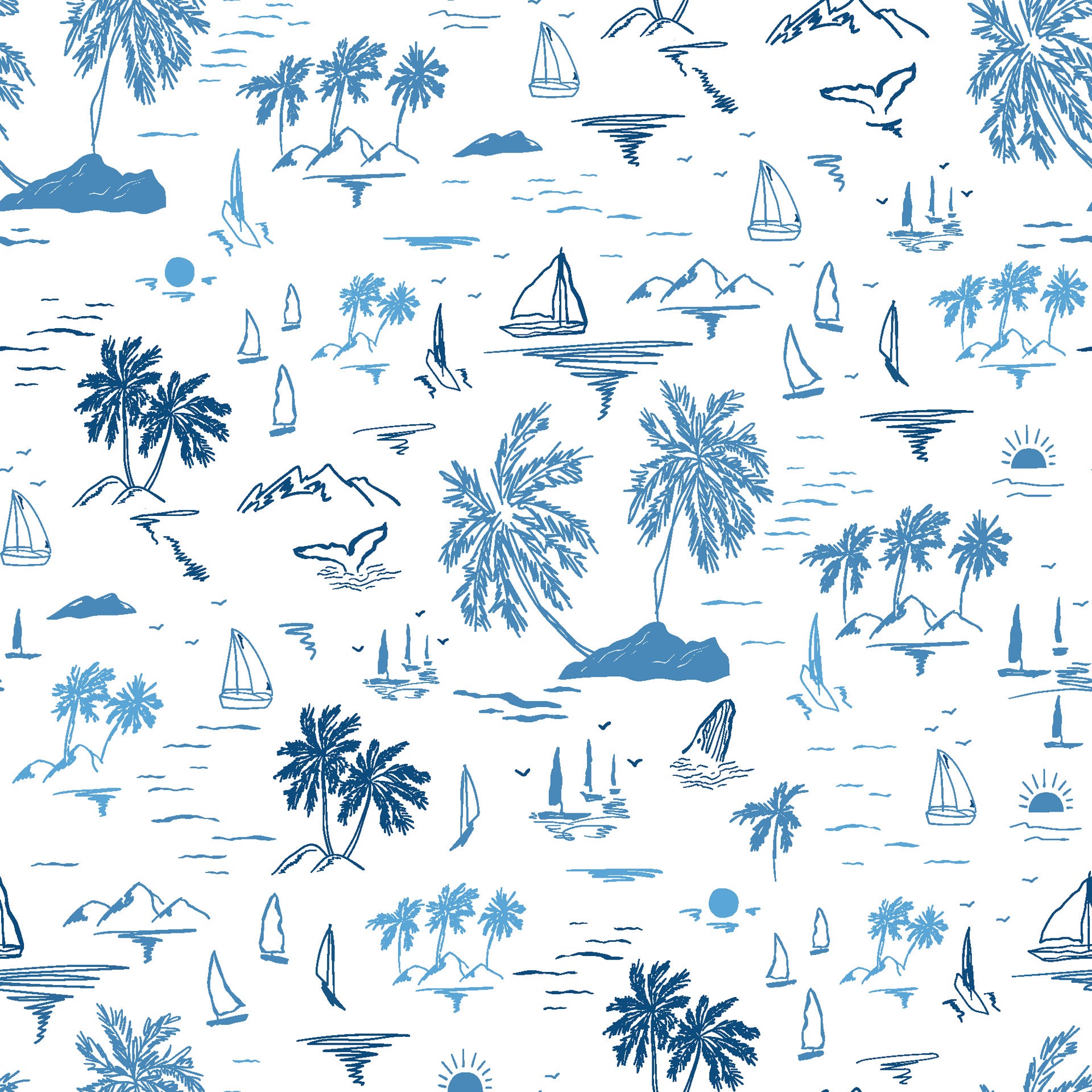 Coastal illustrated wallpaper with hand drawn palm trees, sailboats, islands, and ocean scenes rendered in soft blue linework on a white background.