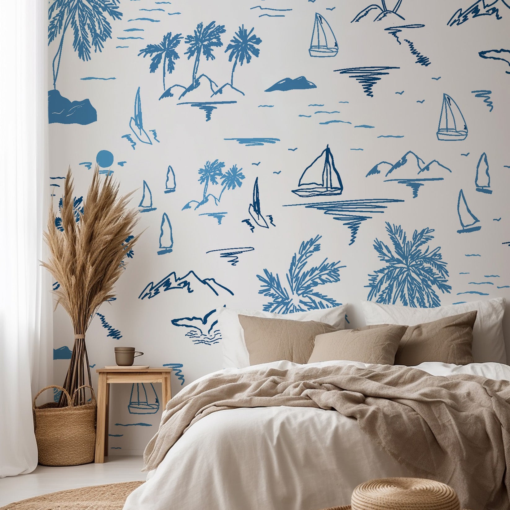 Coastal illustrated wallpaper displayed on a living room accent wall with palm tree and sailboat sketches creating a calm seaside atmosphere.