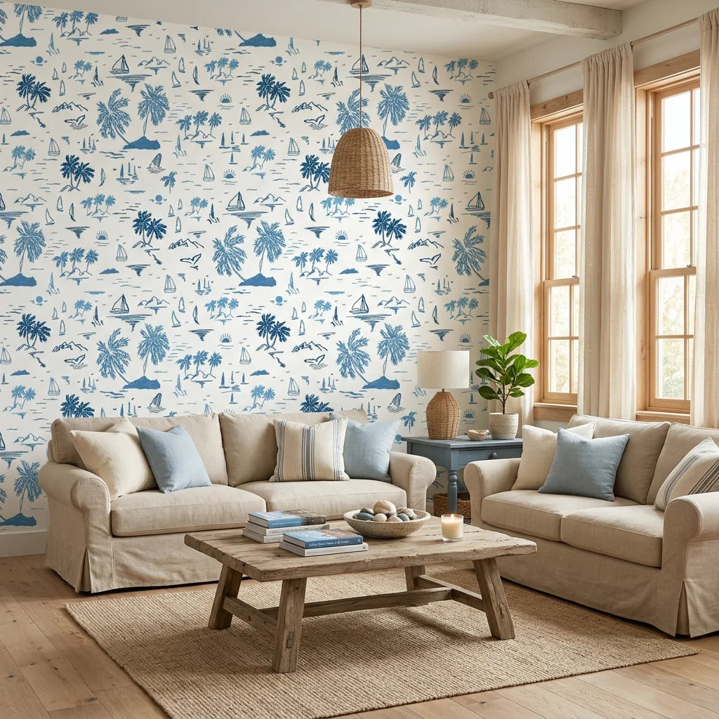 Azure Drift coastal movement wallpaper in a warm and inviting living room