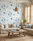 Azure Drift coastal movement wallpaper in a warm and inviting living room
