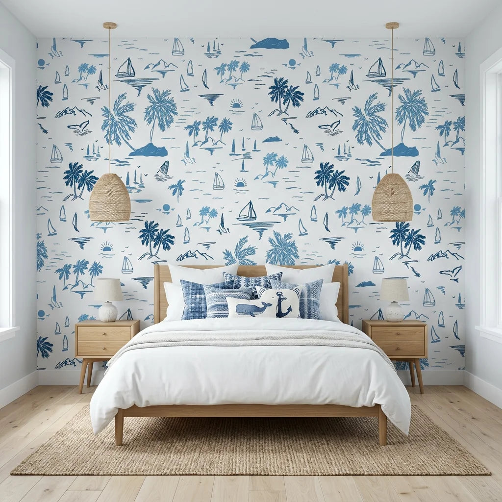 Azure Drift coastal movement wallpaper adding character to a cozy bedroom