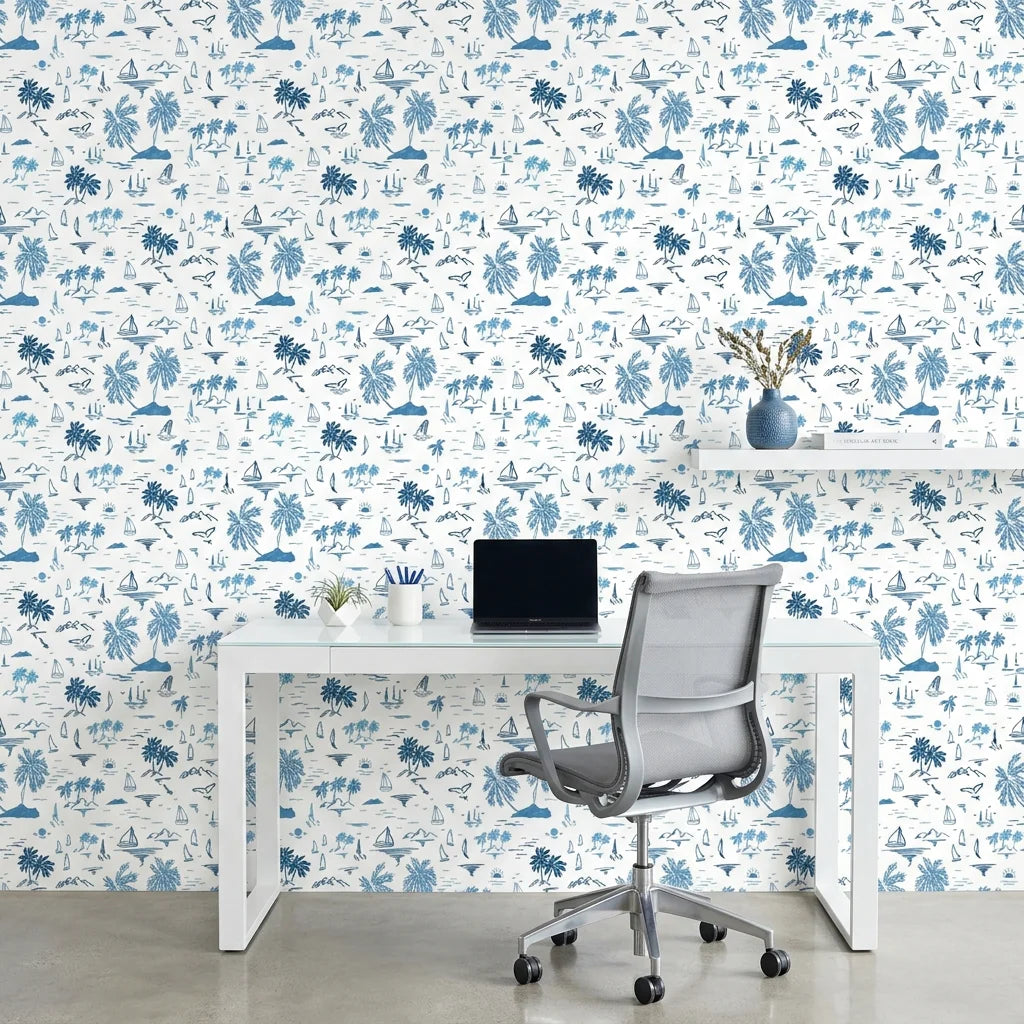 Azure Drift coastal movement wallpaper as a feature wall in a bright home office
