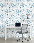 Azure Drift coastal movement wallpaper as a feature wall in a bright home office
