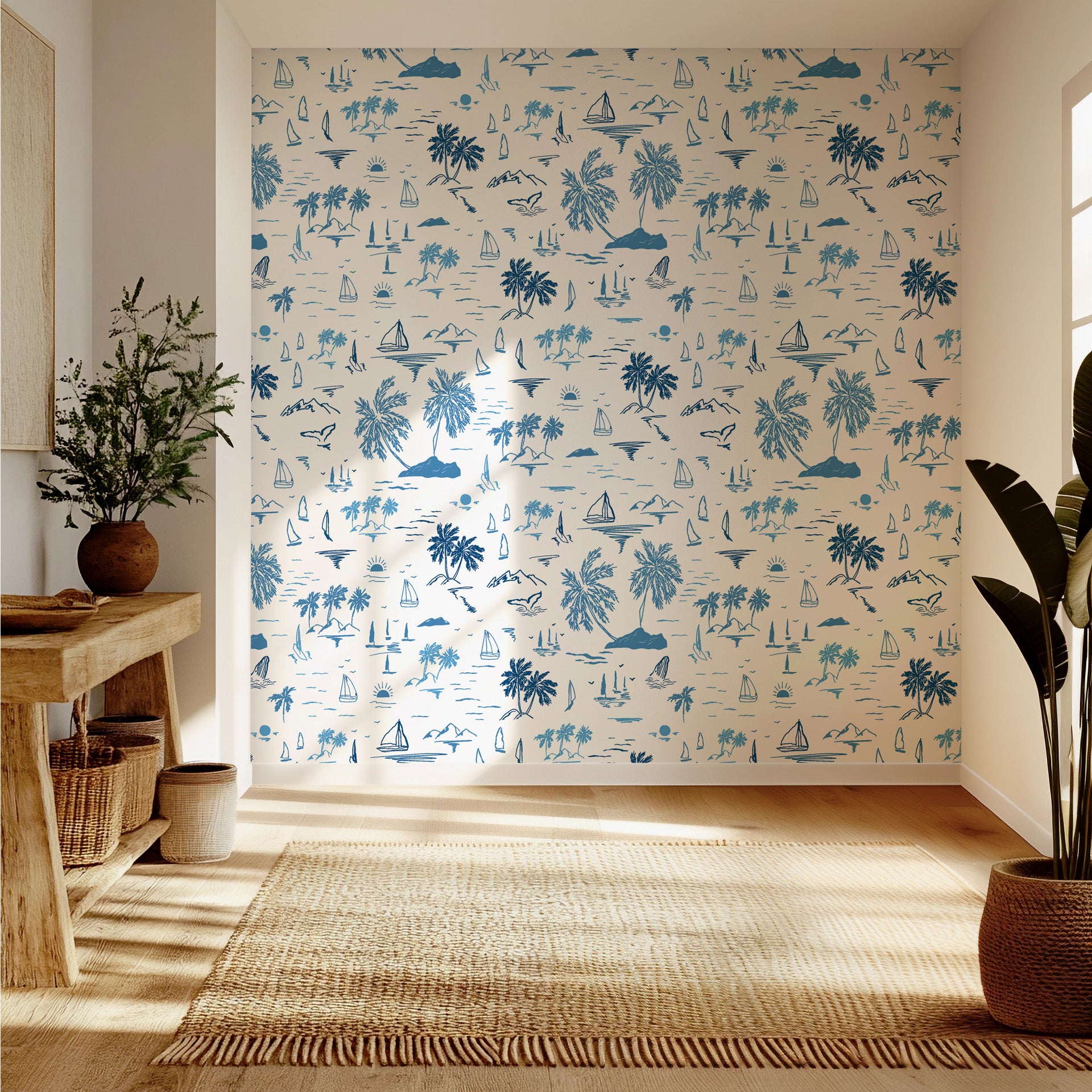 Seaside sketch wallpaper used in a home office, bringing a breezy coastal mood with hand drawn ocean and island illustrations.