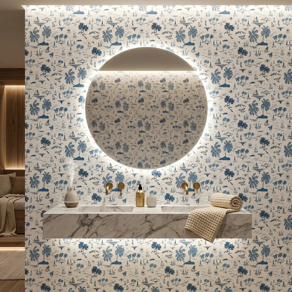 Azure Drift coastal movement wallpaper creating ambiance in a serene bathroom