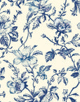 Vintage blue floral wallpaper pattern with detailed hand drawn flowers and leafy vines on a soft cream background.