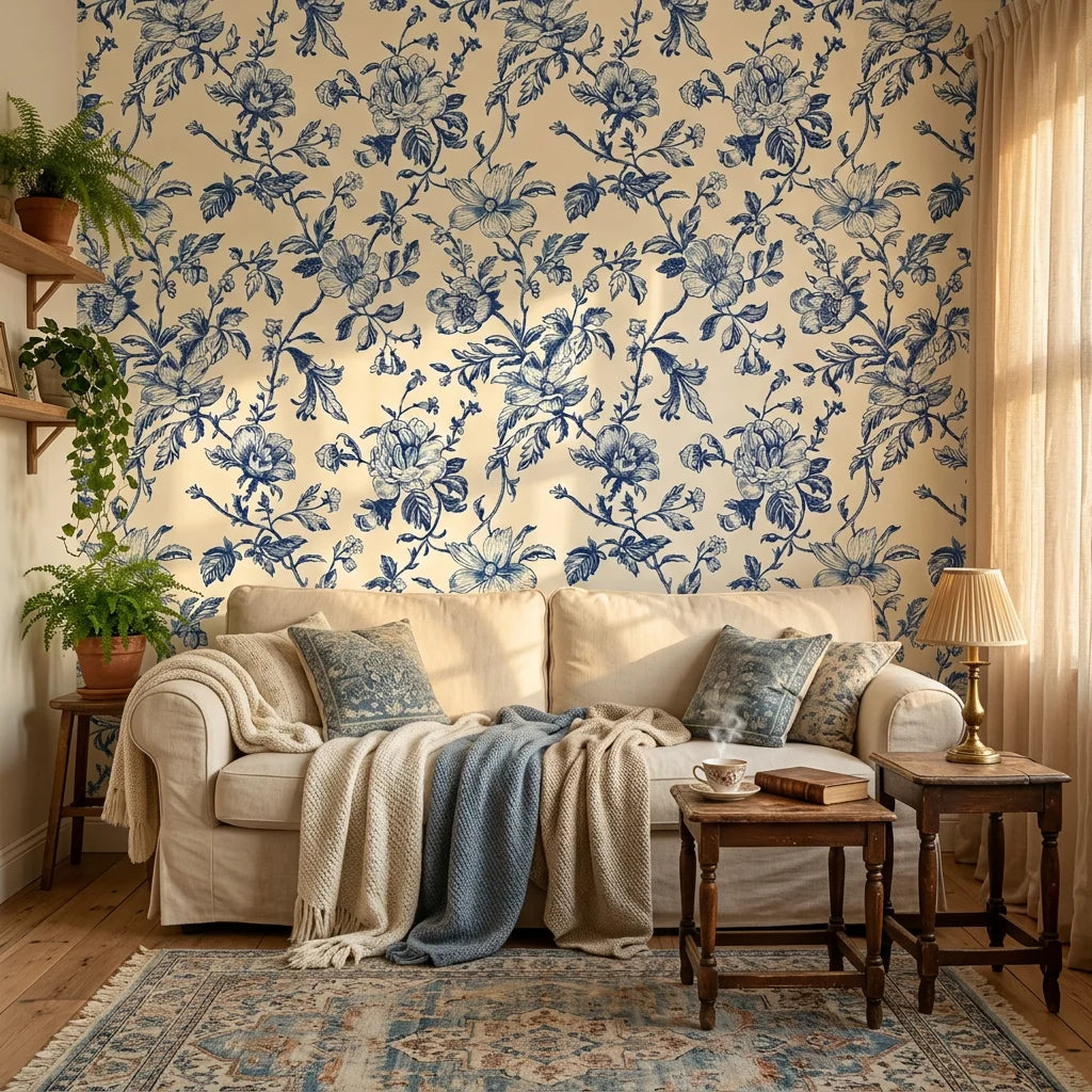 Azure Eden chinoiserie pagoda wallpaper in a warm and inviting living room
