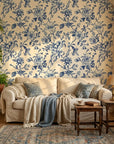 Azure Eden chinoiserie pagoda wallpaper in a warm and inviting living room