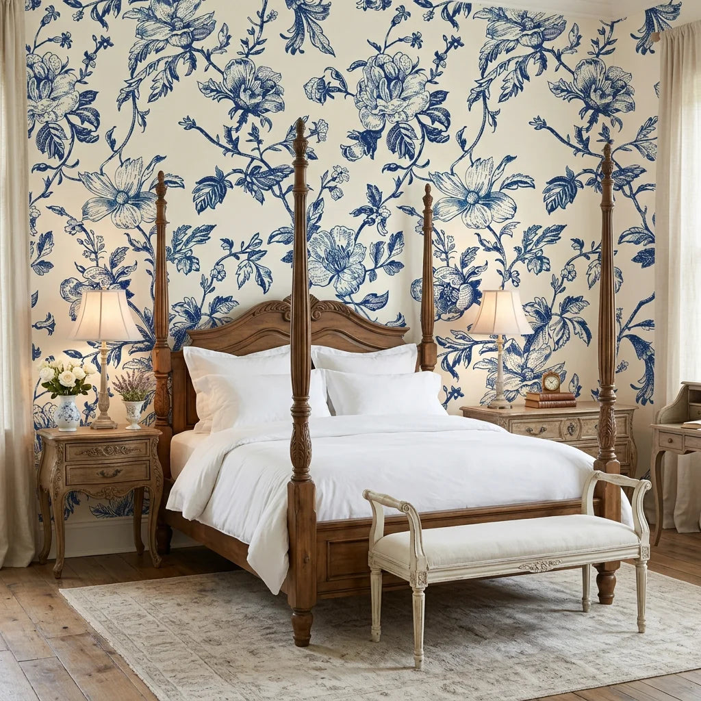 Azure Eden chinoiserie pagoda wallpaper adding character to a cozy bedroom