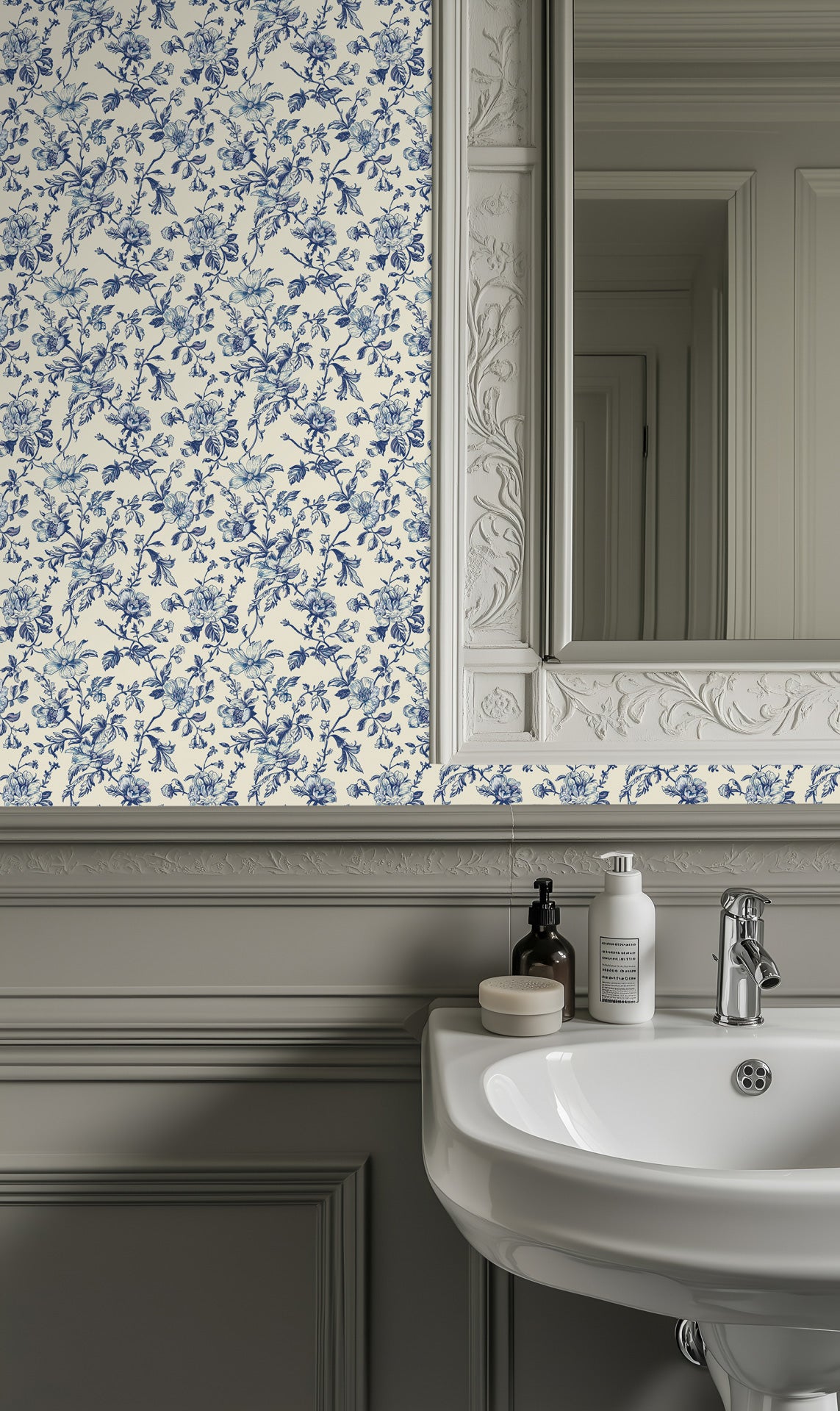 Hand drawn blue floral wallpaper styled in a bathroom, offering a graceful and cohesive backdrop with vintage appeal.