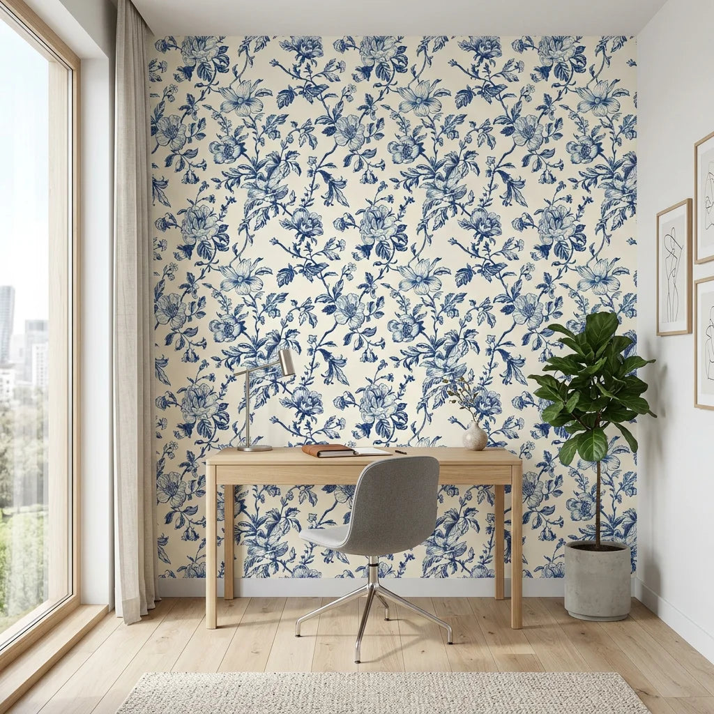 Azure Eden chinoiserie pagoda wallpaper as a feature wall in a bright home office