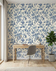 Azure Eden chinoiserie pagoda wallpaper as a feature wall in a bright home office